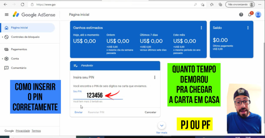 COMO COLOCAR O PIN DO GOOGLE ADSENSE E QUANTO TEMPO DEMOROU CHEGAR A CARTA DO YOUTUBE NA MINHA CASA