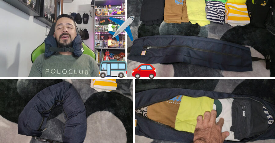 Como é o Travesseiro viagem recarregável com roupas Almofada Pescoço