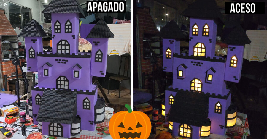 FIZ UM CASTELO DE HALLOWEEN COM CAIXAS DE PAPELÃO