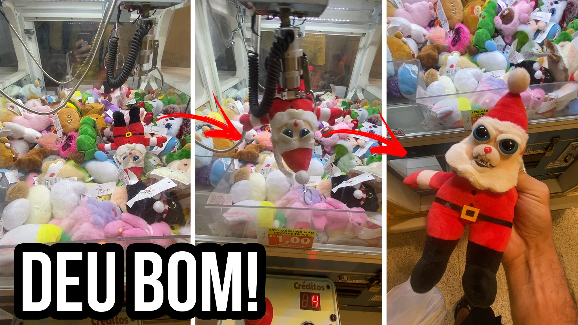 CONSEGUI PEGAR O URSO PAPAI NOEL NA MÁQUINA APÓS VÁRIAS TENTATIVAS