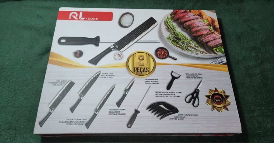 como é o COJUNTO DE FACAS CHEF PROFISSIONAL 8 PEÇAS CHURRASCO INOX – mostrando cada item