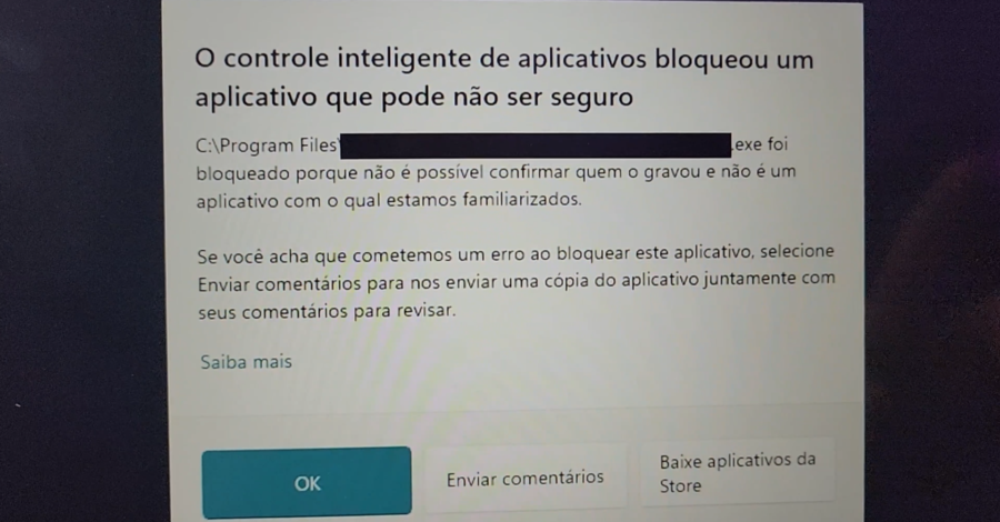 O CONTROLE INTELIGENTE DE APLICATIVOS BLOQUEOU UM APLICATIVO QUE PODE NÃO SER SEGURO : COMO DESATIVA